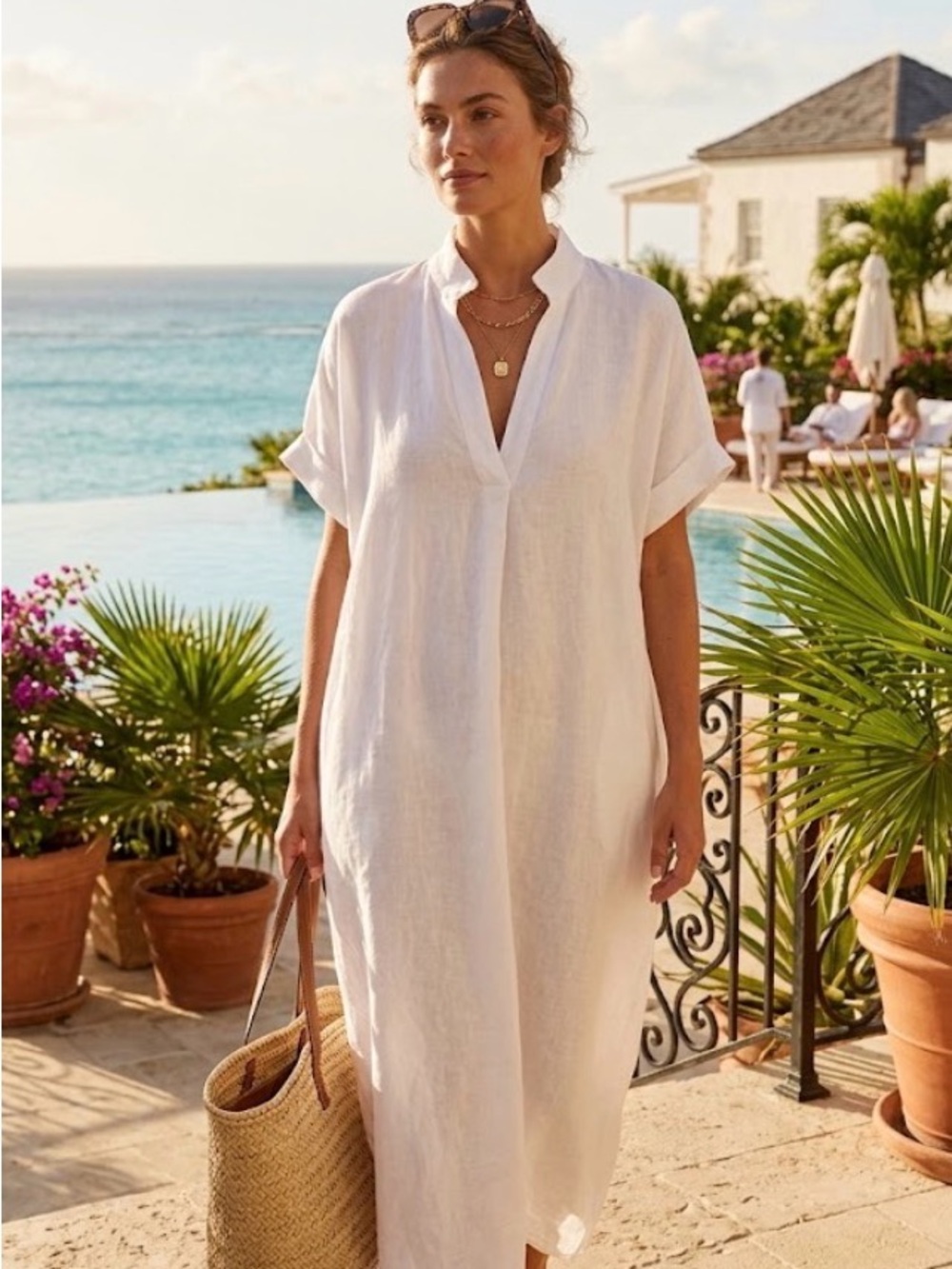 Fatto In Italia 100% Lino White Linen Caftan Maxi Dress One Size